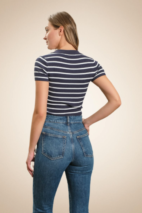 Striped Knit Polo Blouse – Ivory and Blue - Image 3