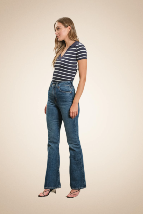 Striped Knit Polo Blouse – Ivory and Blue - Image 4