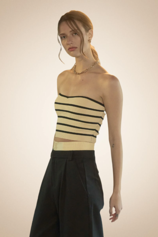 “Striped Strapless Knit Top: Modern Elegance”