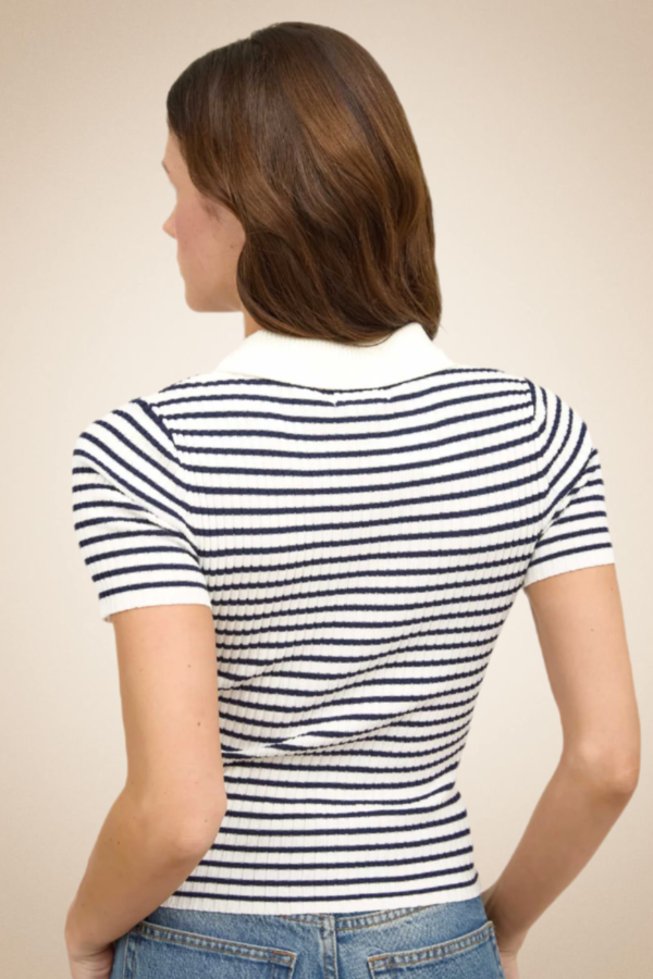 Nautical-style knit blouse with horizontal white and navy stripes - Image 3
