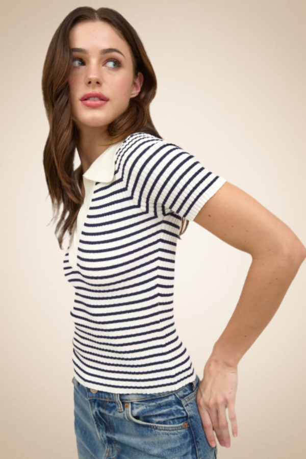 Nautical-style knit blouse with horizontal white and navy stripes - Image 2