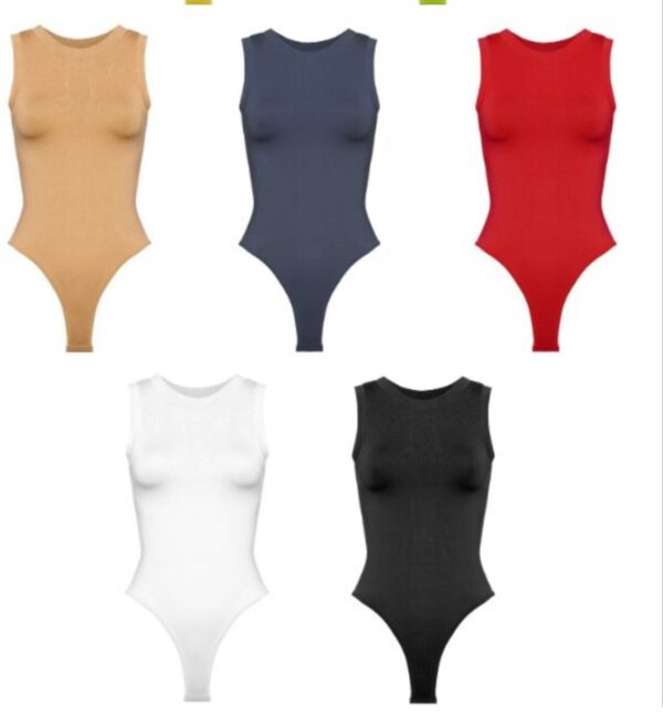 🔥 Sleeveless Bodysuit – Red, Beige & Black 🔥