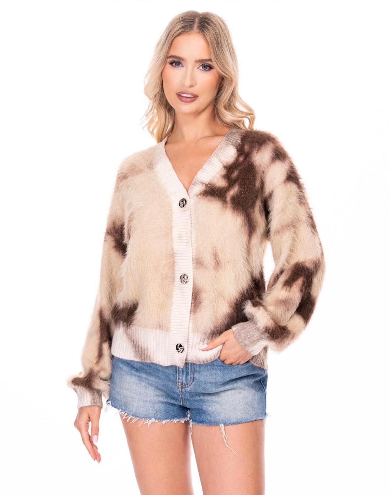 Velvet Tie-Dye Cardigan Sweater in Neutral Tones