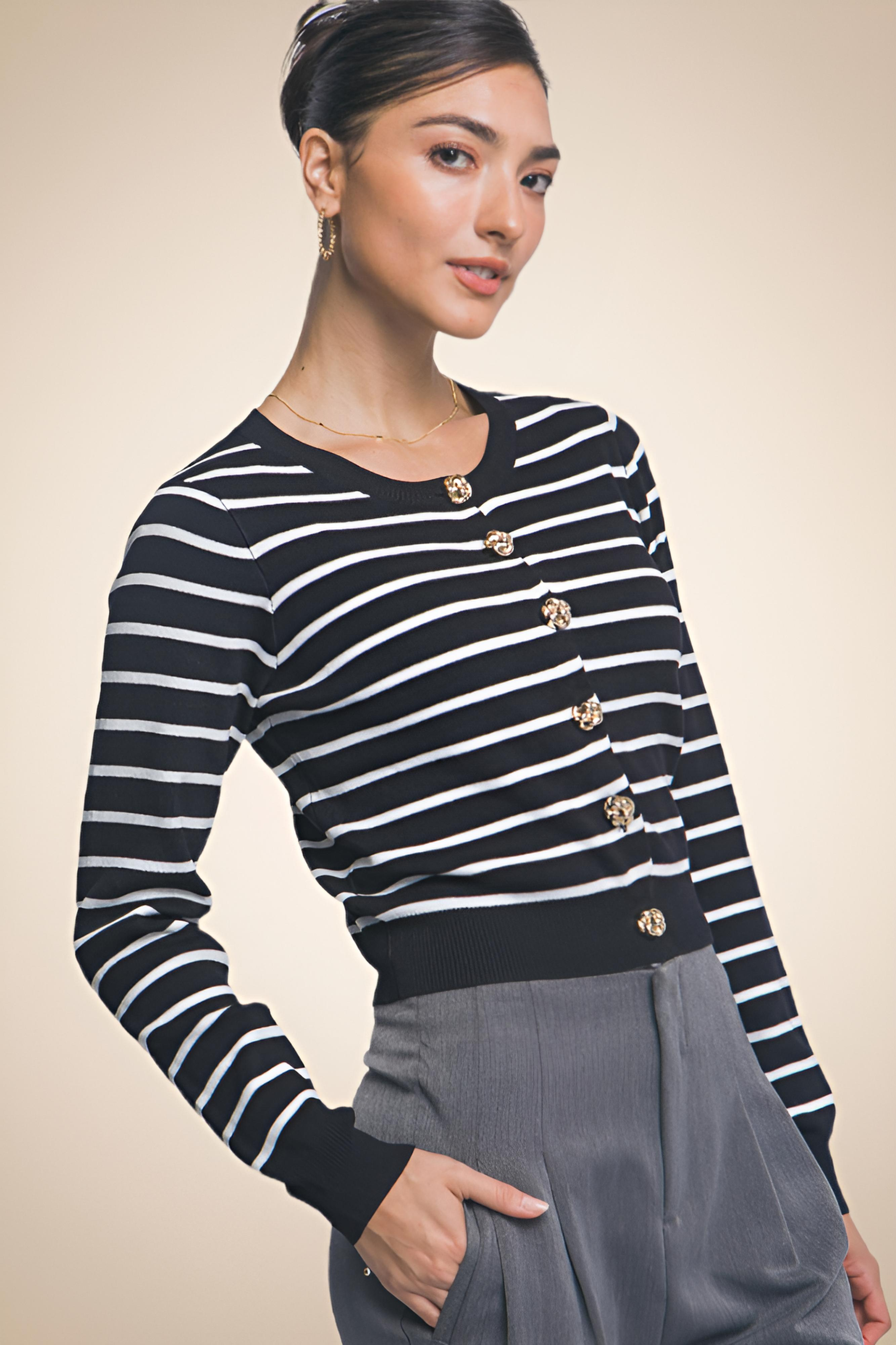 Classic Striped Sweater with Decorative Buttons