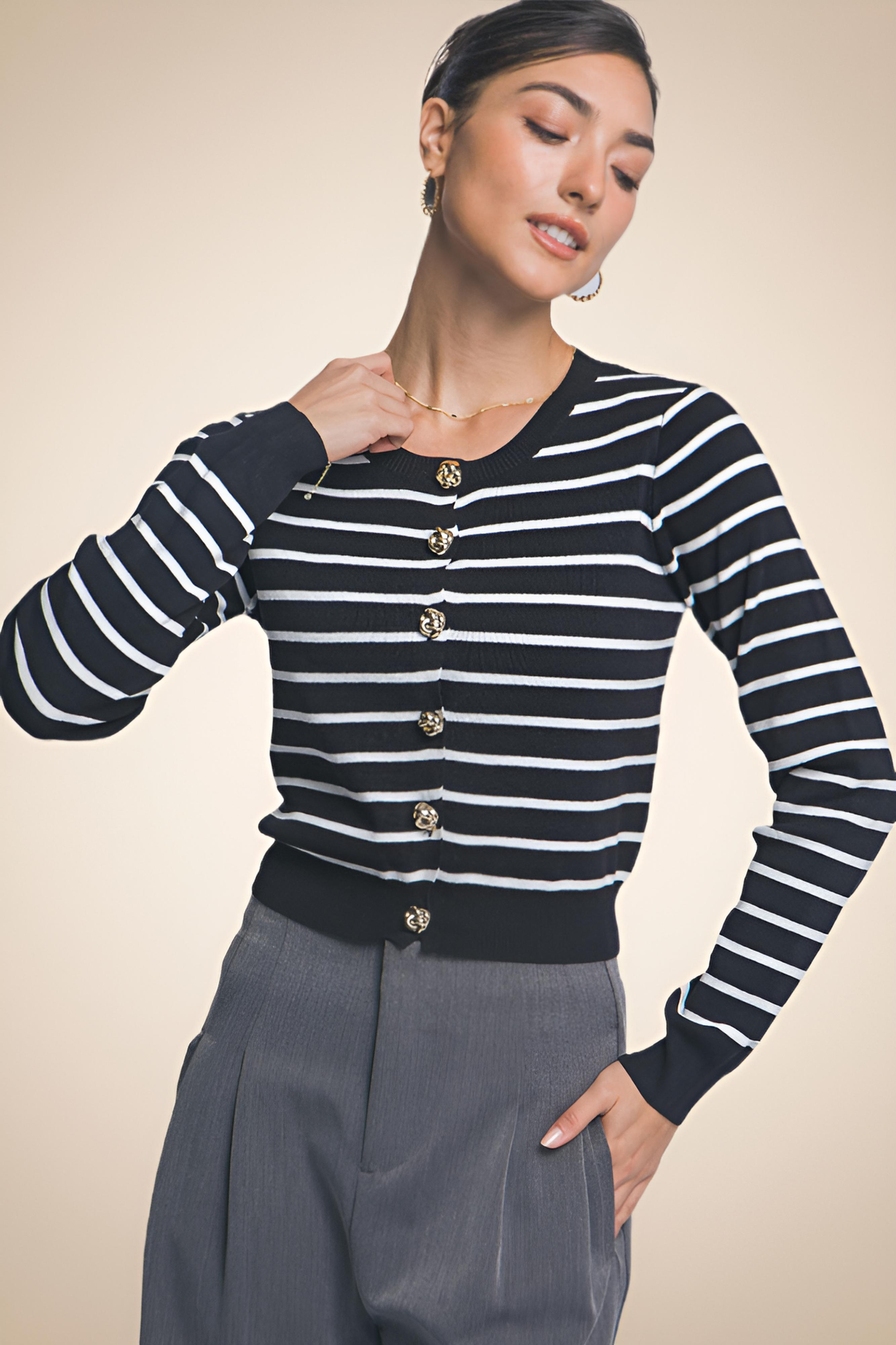 Classic Striped Sweater with Decorative Buttons - Image 3