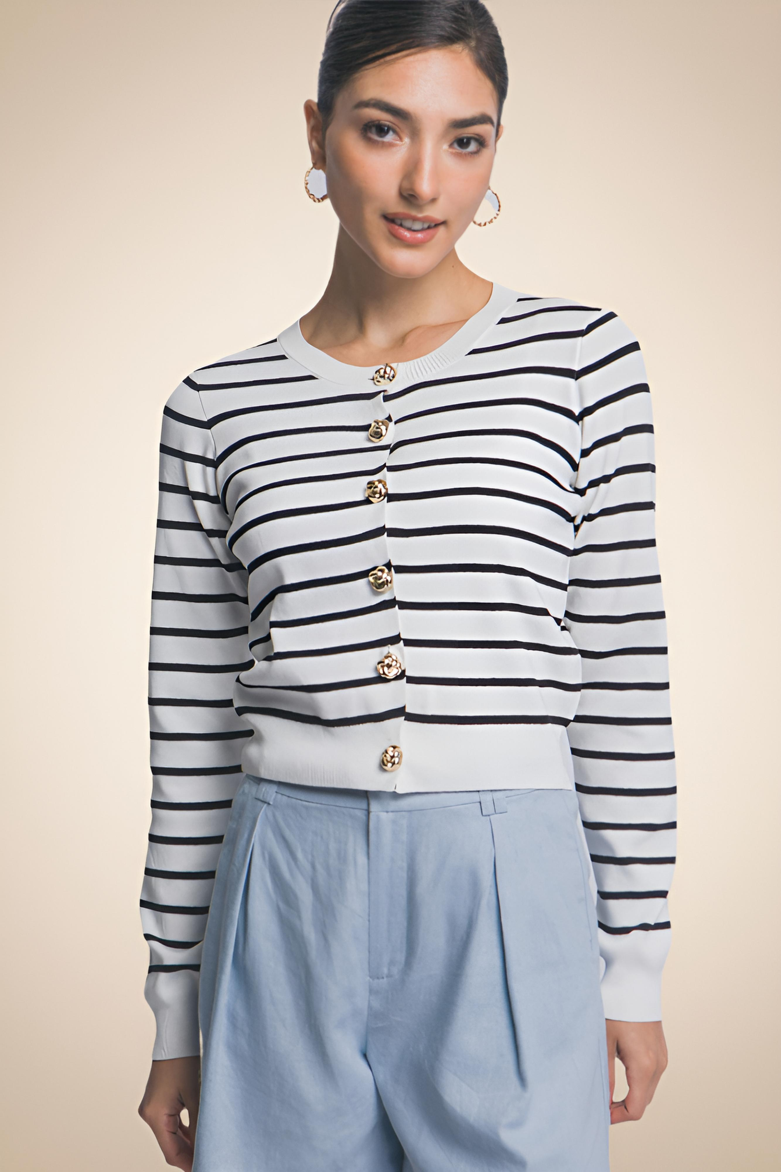 Classic Striped Sweater with Decorative Buttons
