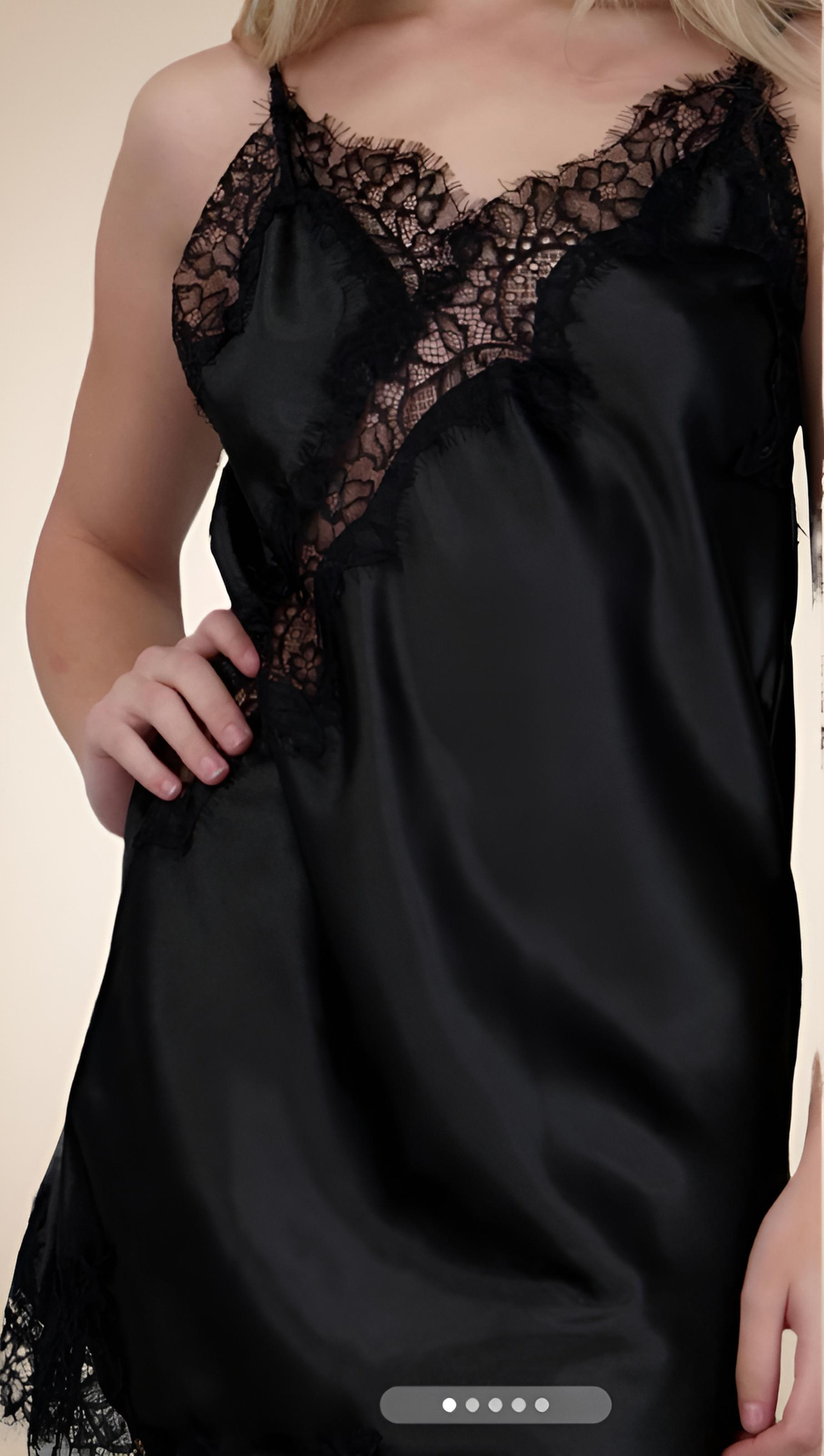 Black Satin Slip Dress with Asymmetrical Lace - Image 5