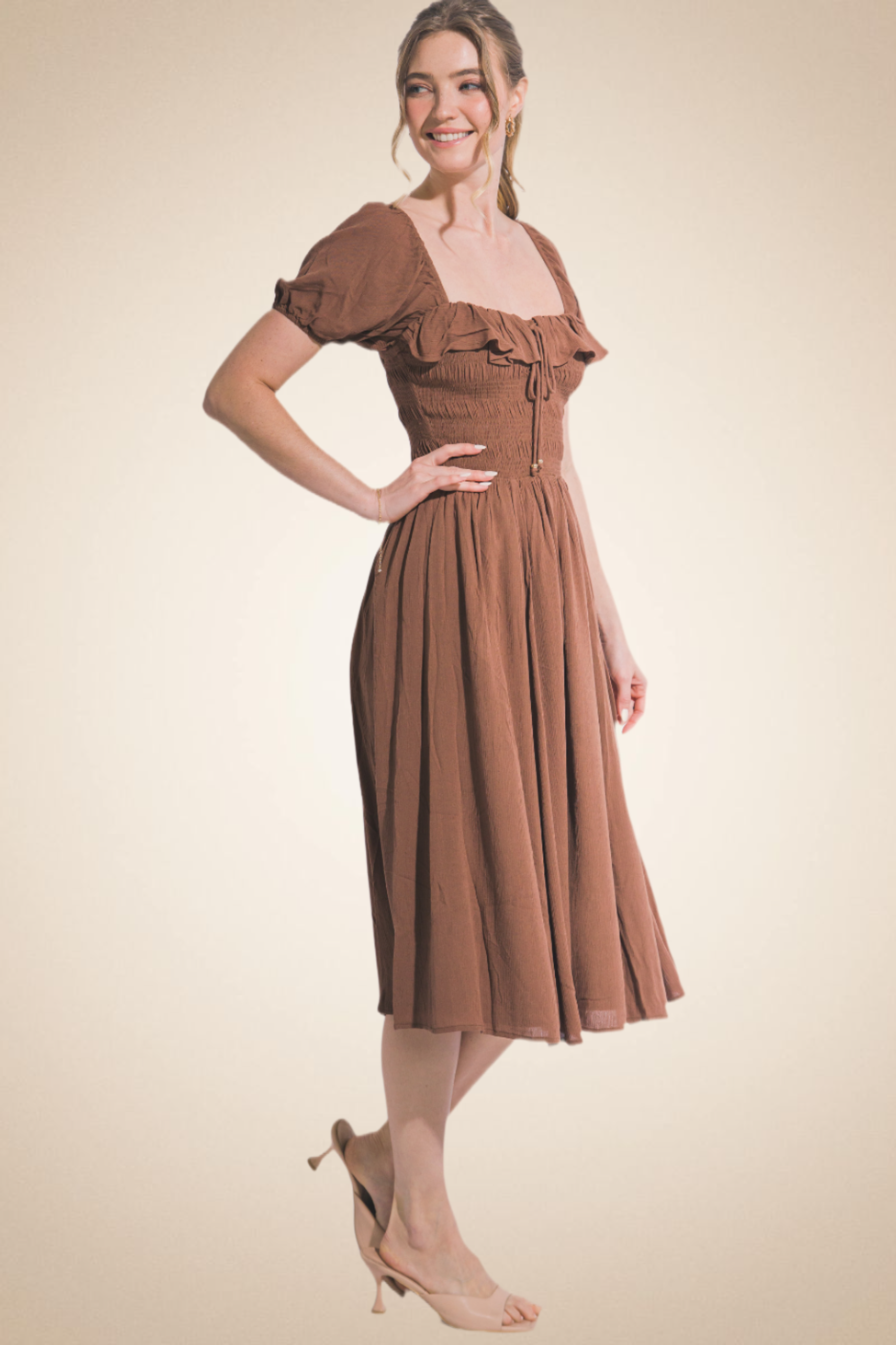 Chocolate Midi Dress with Smocking and Puff Sleeves