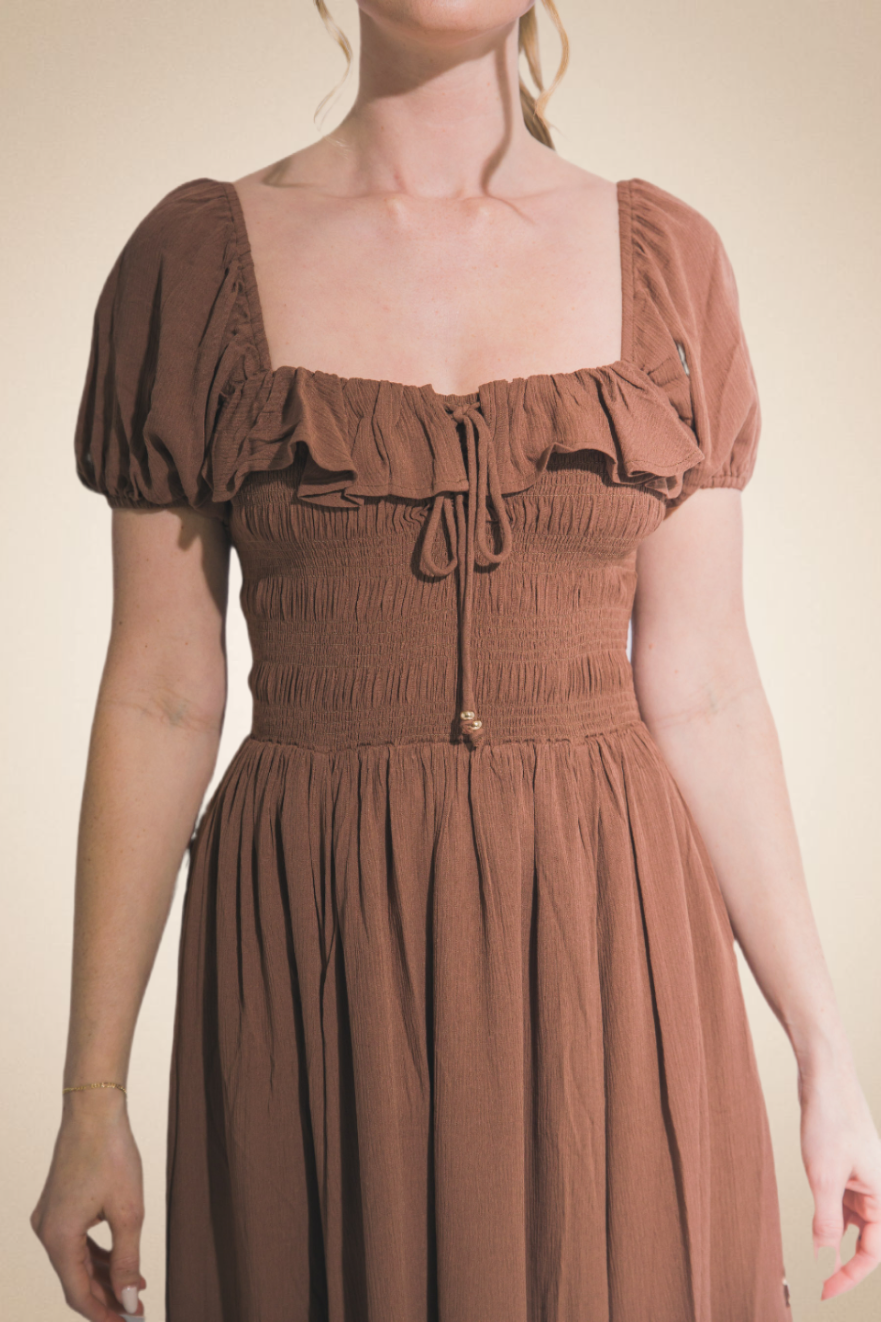 Chocolate Midi Dress with Smocking and Puff Sleeves - Image 3