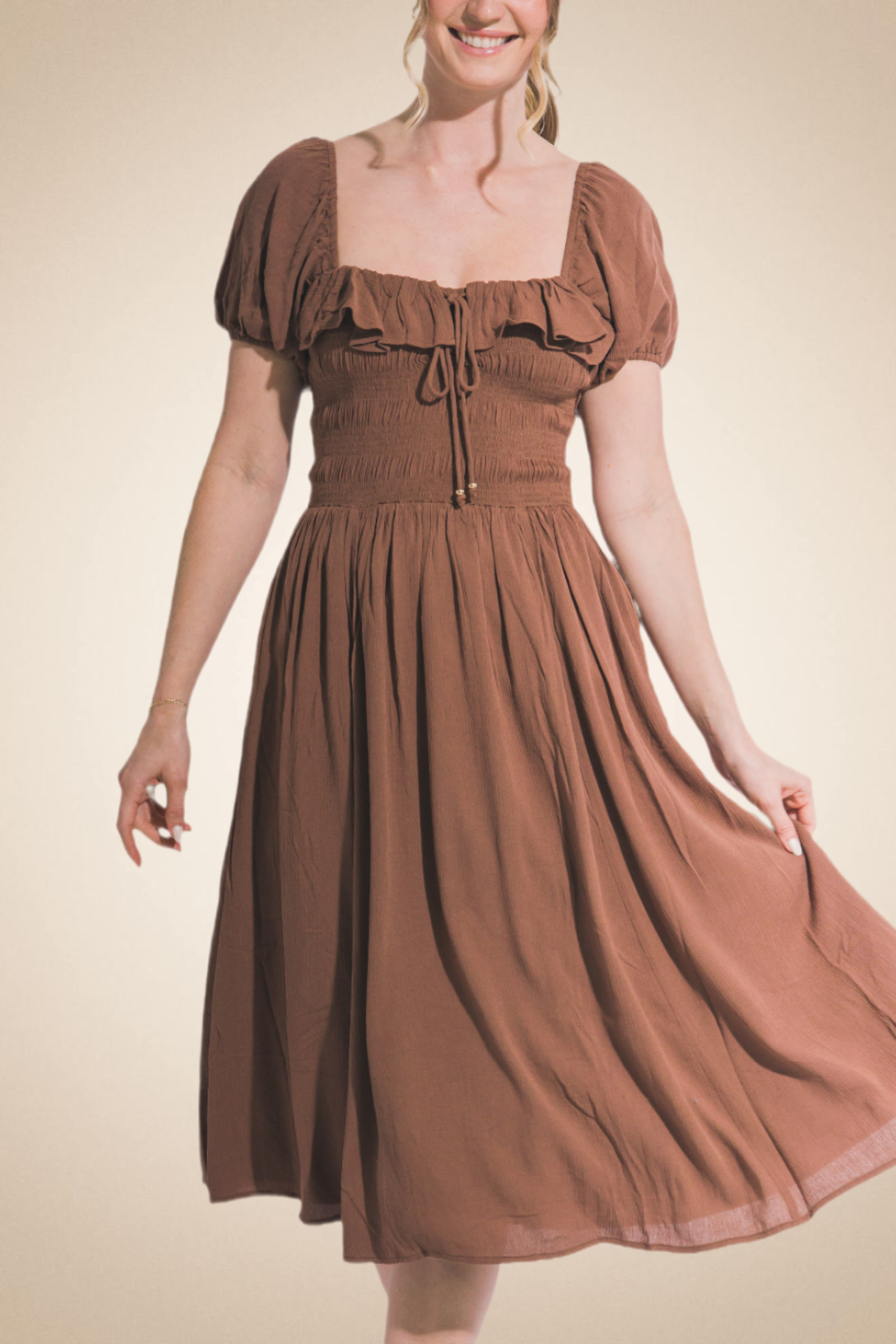 Chocolate Midi Dress with Smocking and Puff Sleeves - Image 4