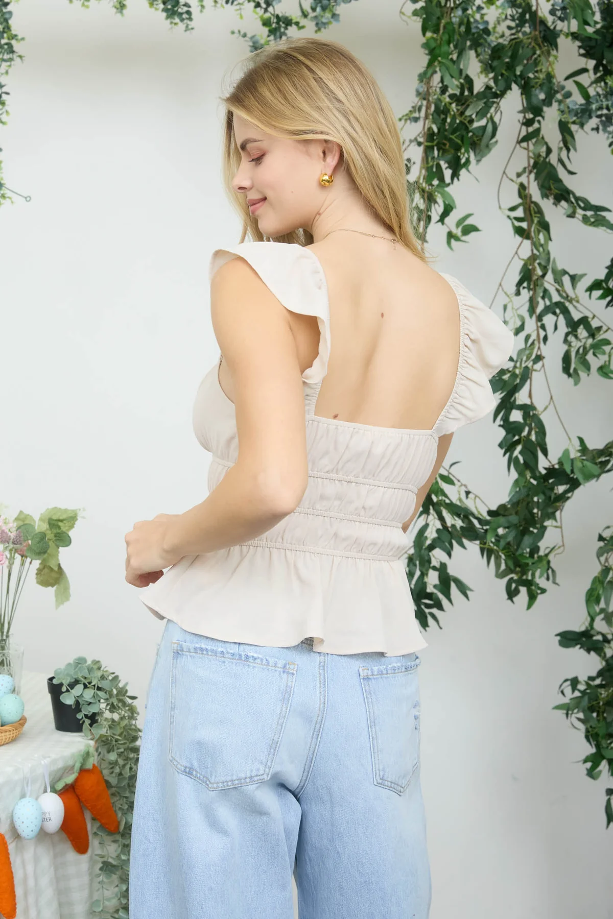 Beige Blouse with Shirring and Ruffle Details - Image 2