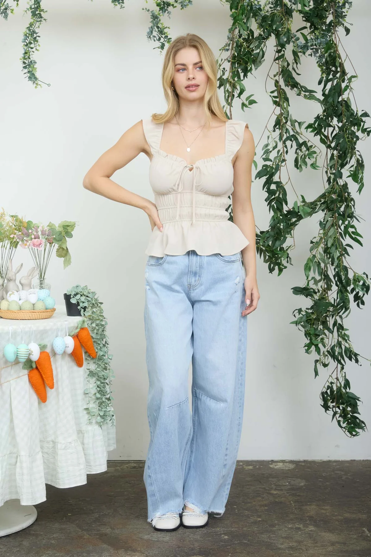 Beige Blouse with Shirring and Ruffle Details - Image 4