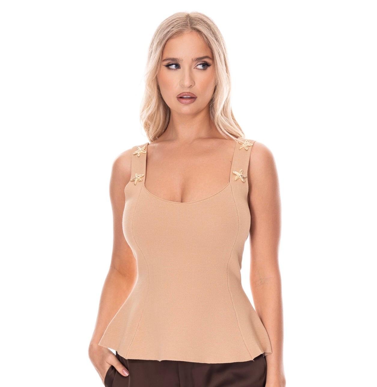 Knit Peplum Blouse with Decorative Details kakhi