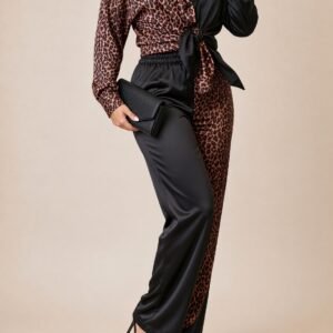 Leopard Print and Black Satin Set for Women – Two-Piece Set