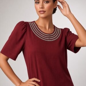 Burgundy Blouse for Women – Embellished Neckline Dressy Top