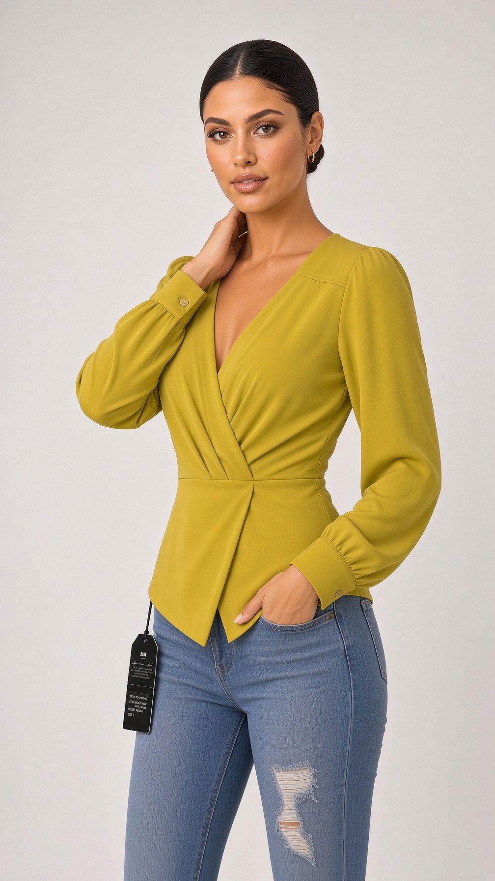 Green Wrap Peplum Top for Women – V-Neck Puff Sleeve Blouse - Image 4