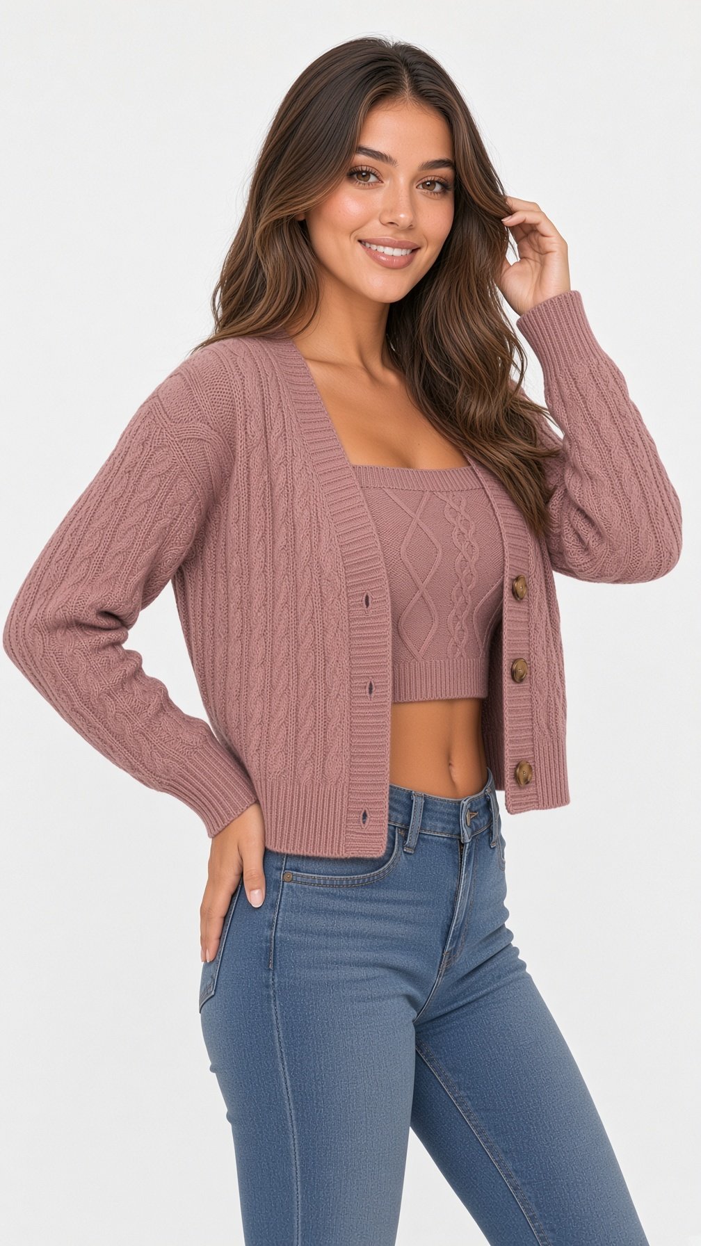 Mauve Cable Knit Crop Top and Cardigan Set - Image 3