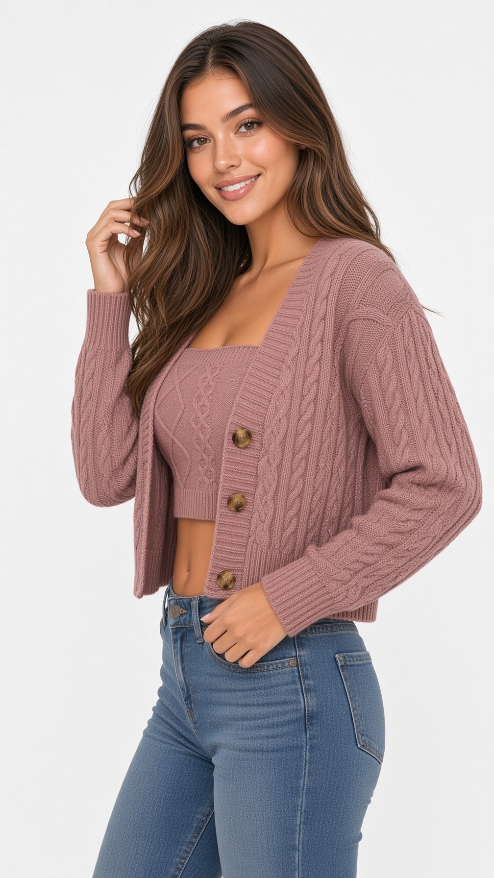Mauve Cable Knit Crop Top and Cardigan Set - Image 4