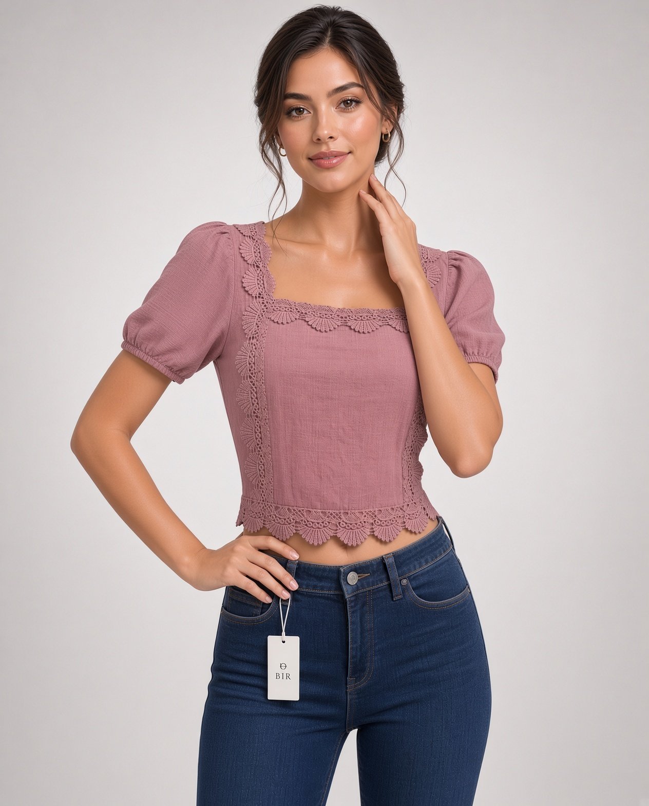 Dusty Rose Puff Sleeve Top for Women – Square Neck Lace Trim - Image 5