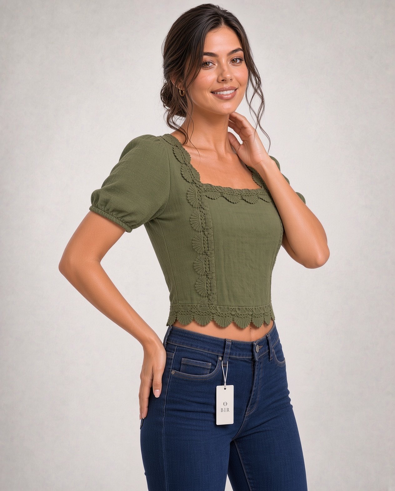 Olive Green Puff Sleeve Top for Women – Square Neck Lace Trim - Image 3