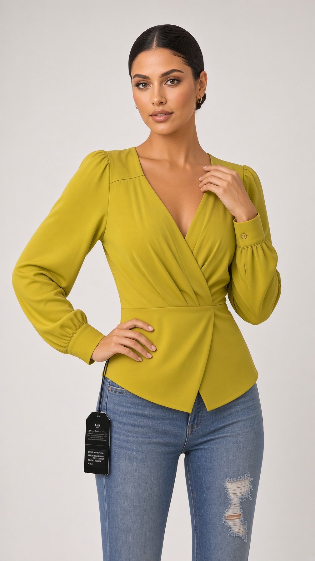 Green Wrap Peplum Top for Women – V-Neck Puff Sleeve Blouse - Image 2