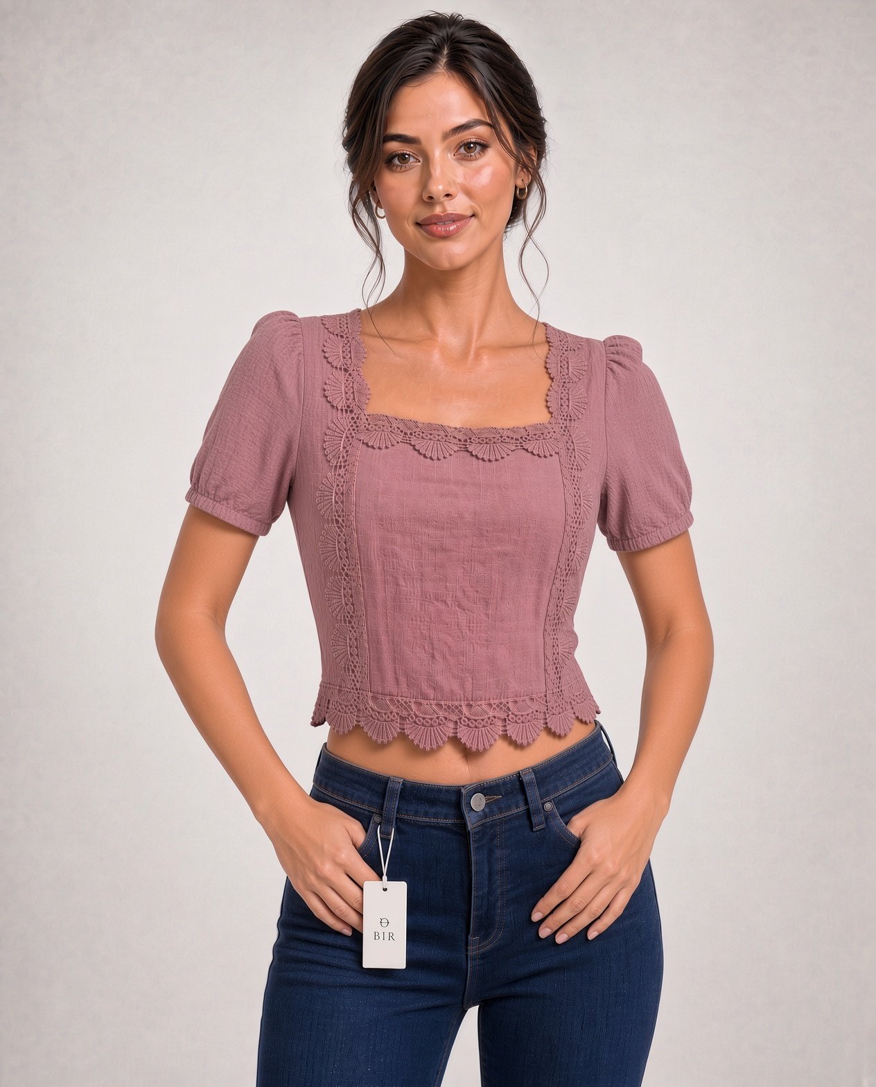 Dusty Rose Puff Sleeve Top for Women – Square Neck Lace Trim - Image 2