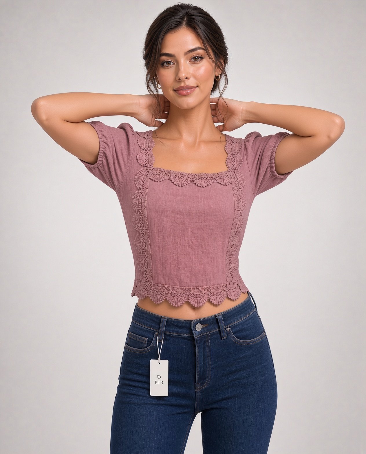 Dusty Rose Puff Sleeve Top for Women – Square Neck Lace Trim - Image 3