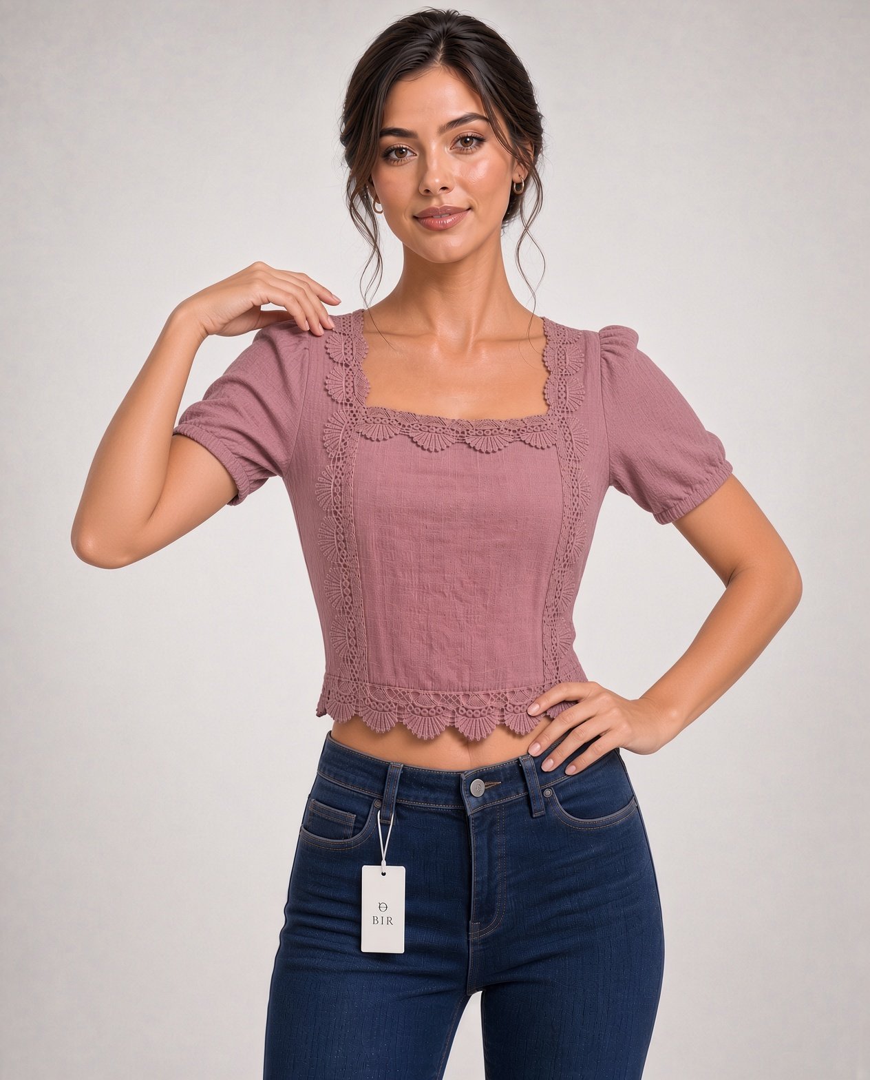 Dusty Rose Puff Sleeve Top for Women – Square Neck Lace Trim - Image 4