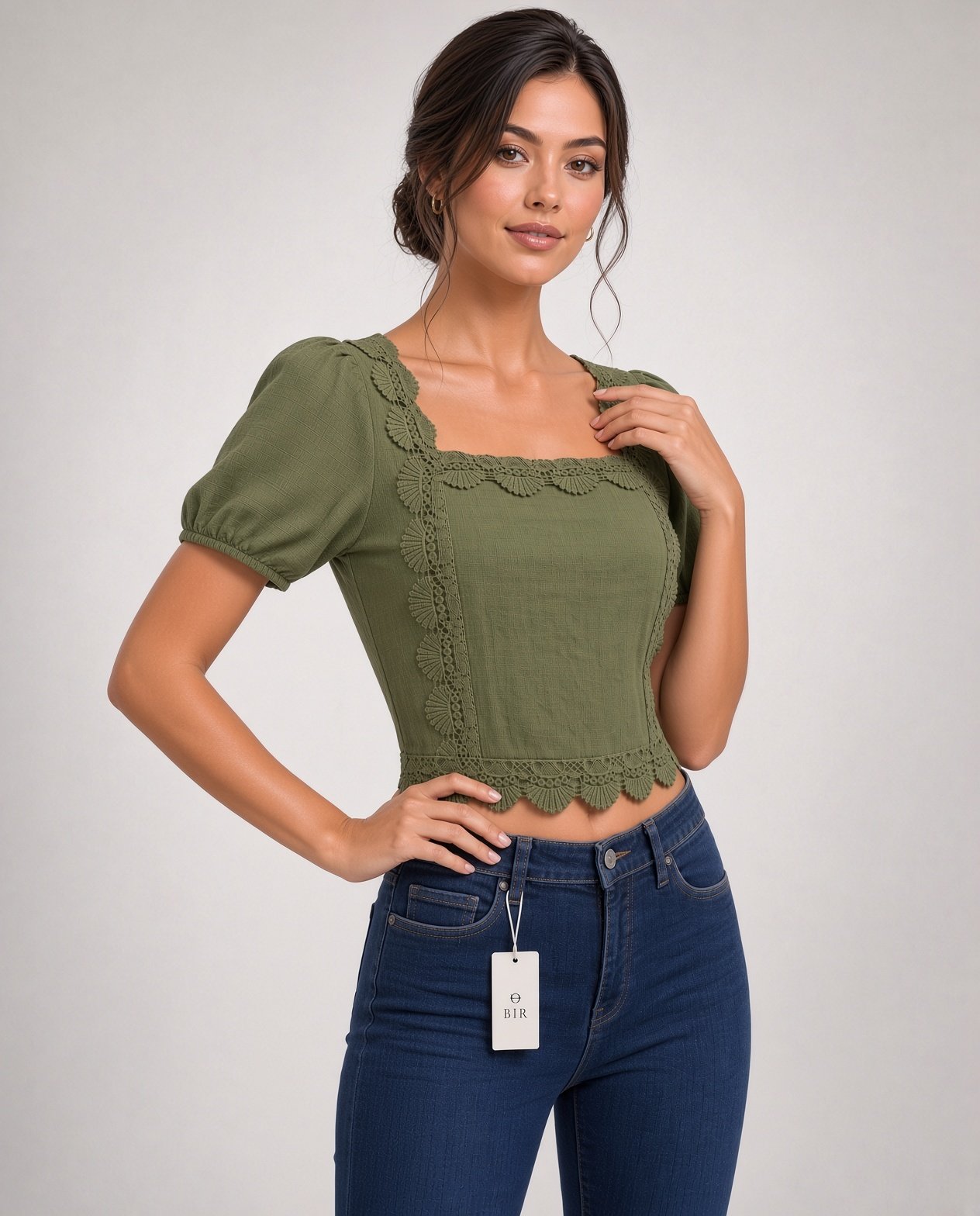 Olive Green Puff Sleeve Top for Women – Square Neck Lace Trim - Image 4
