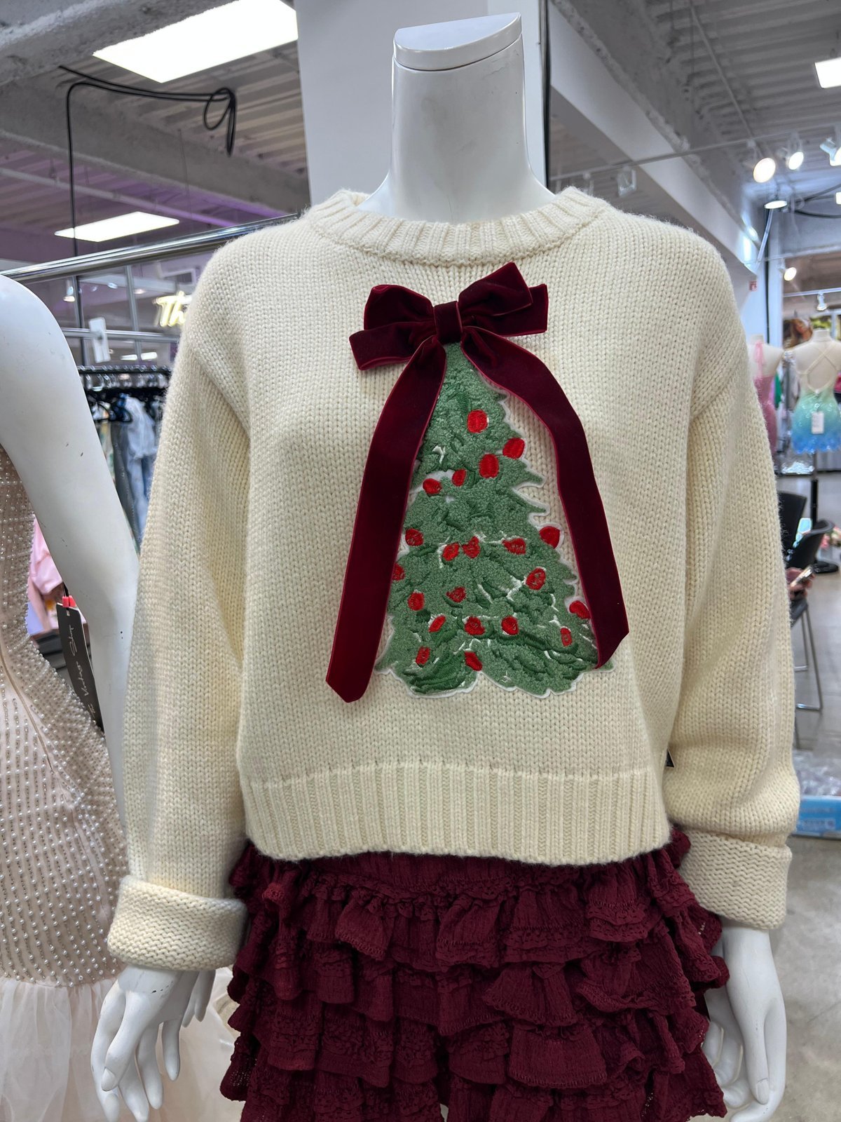 Cream Christmas tree sweater with burgundy bow