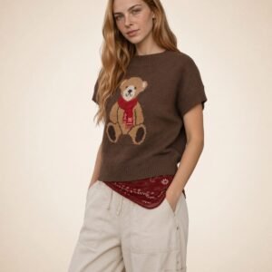 Brown Teddy Bear Sweater Vest for Women – Short Sleeve Knit Top