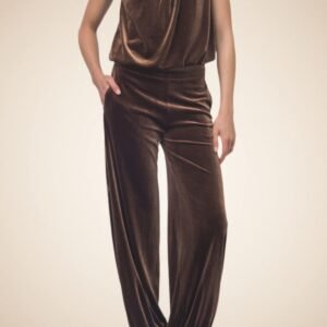Brown Velvet Bow Halter Top & Jogger Pants Set