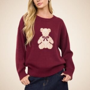 Burgundy Teddy Bear Sweater for Women – Oversized Crew Neck Knit Pullover