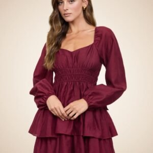 Burgundy Tiered Ruffle Mini Dress for Women – Long Puff Sleeve Smocked Waist