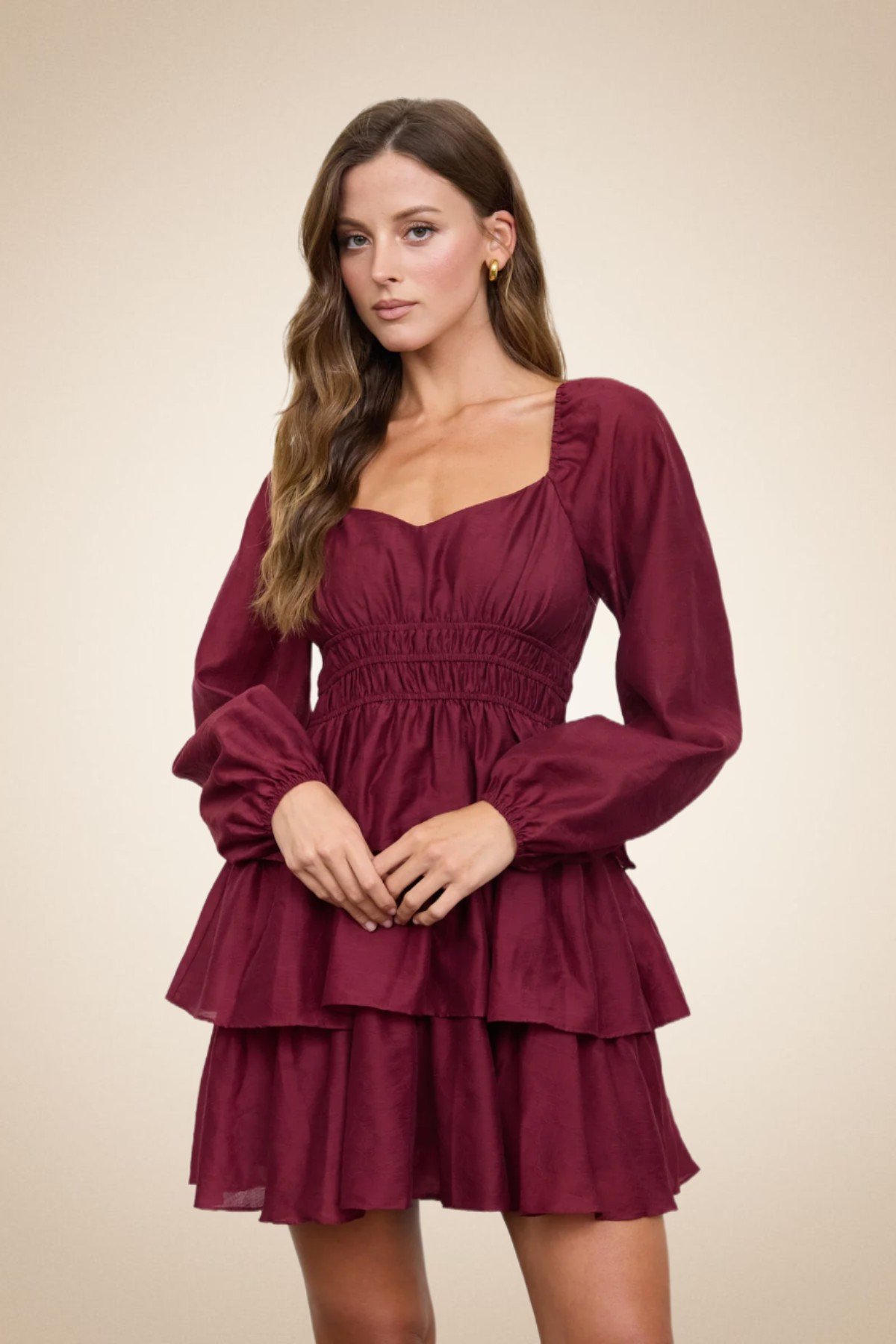 Burgundy Tiered Ruffle Mini Dress for Women – Long Puff Sleeve Smocked Waist