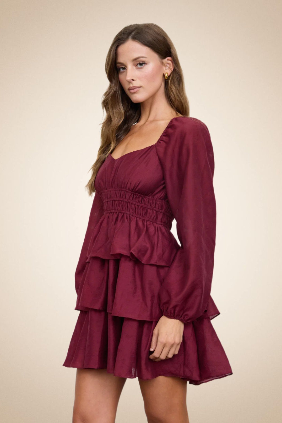 Burgundy Tiered Ruffle Mini Dress for Women – Long Puff Sleeve Smocked Waist - Image 2
