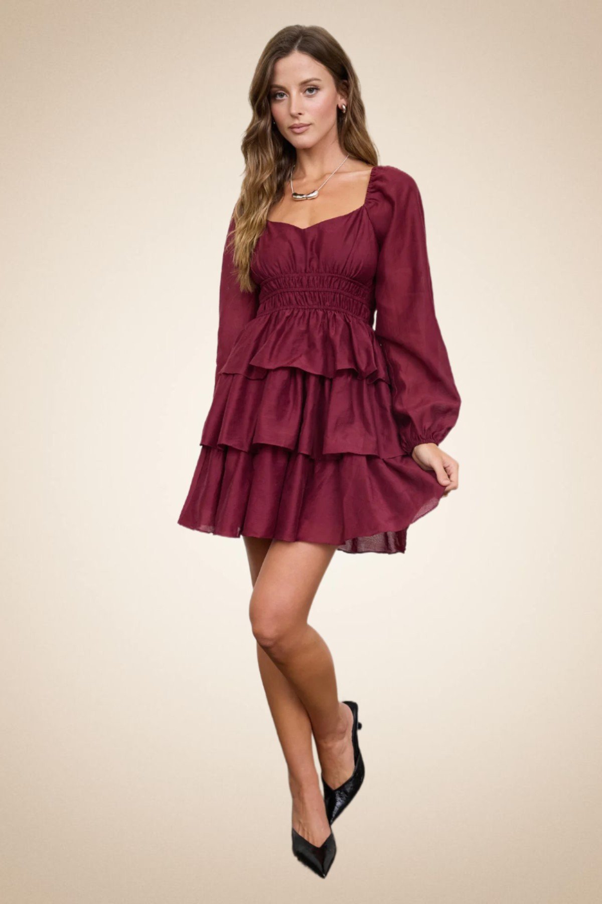 Burgundy Tiered Ruffle Mini Dress for Women – Long Puff Sleeve Smocked Waist - Image 3