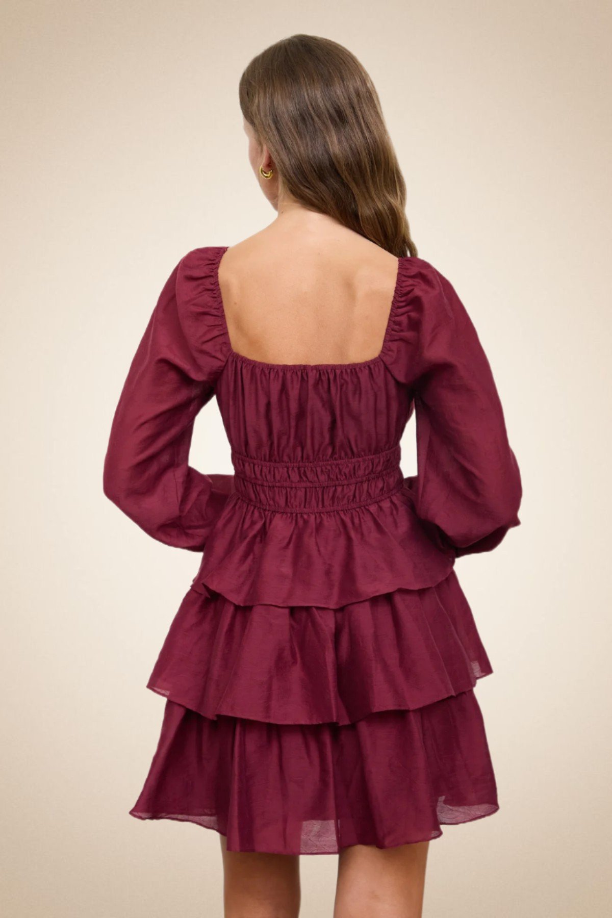 Burgundy Tiered Ruffle Mini Dress for Women – Long Puff Sleeve Smocked Waist - Image 4