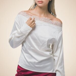 Ivory Satin Off-Shoulder Lace Trim Blouse
