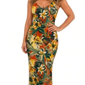 Tropical Floral Print Maxi Dress – Orange-Red