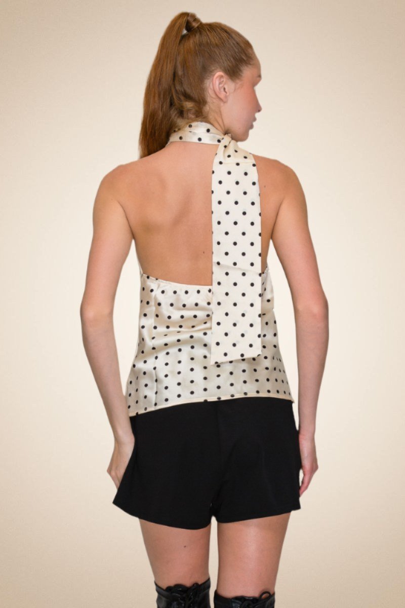 Polka Dot Halter Scarf Top – Cream/Black - Image 3