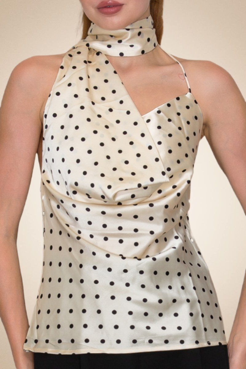 Polka Dot Halter Scarf Top – Cream/Black - Image 4