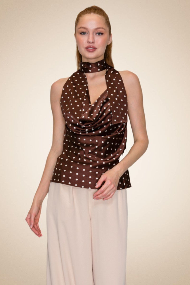 Polka Dot Halter Scarf Top – Plum/Cream