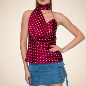 Polka Dot Halter Scarf Top – Wine/Cream