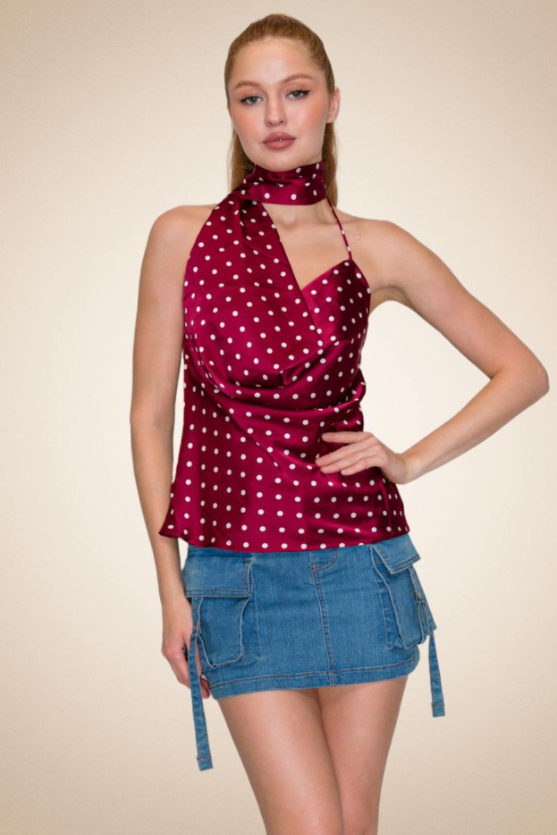 Polka Dot Halter Scarf Top – Wine/Cream