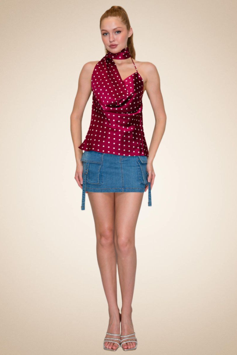 Polka Dot Halter Scarf Top – Wine/Cream - Image 2