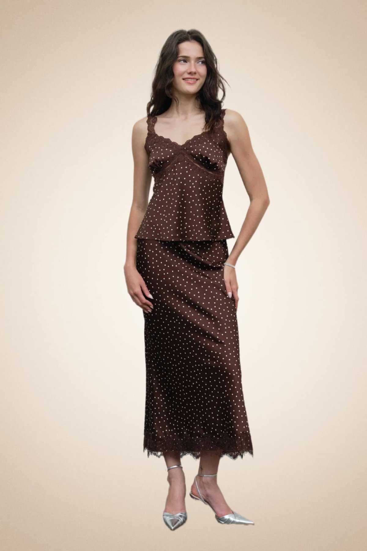 Brown polka dot lace trim cami and midi skirt set, front view