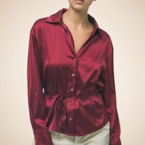 Wine Satin Belted Button-Up Blouse
